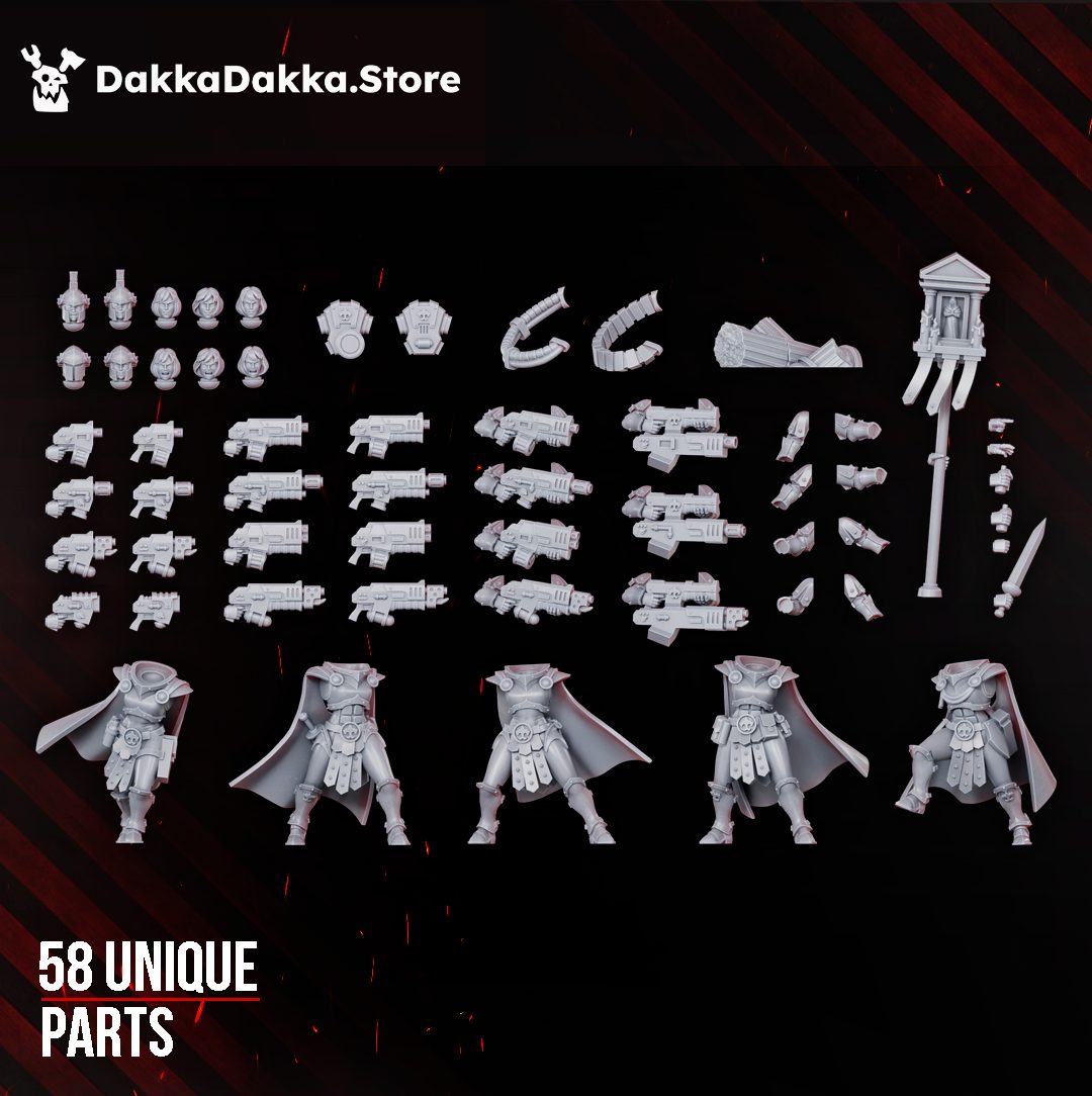 Legio Artemis Bellatrix Squad build kit showing three assembled resin miniatures with weapons sprue and accessories, 32mm scale
