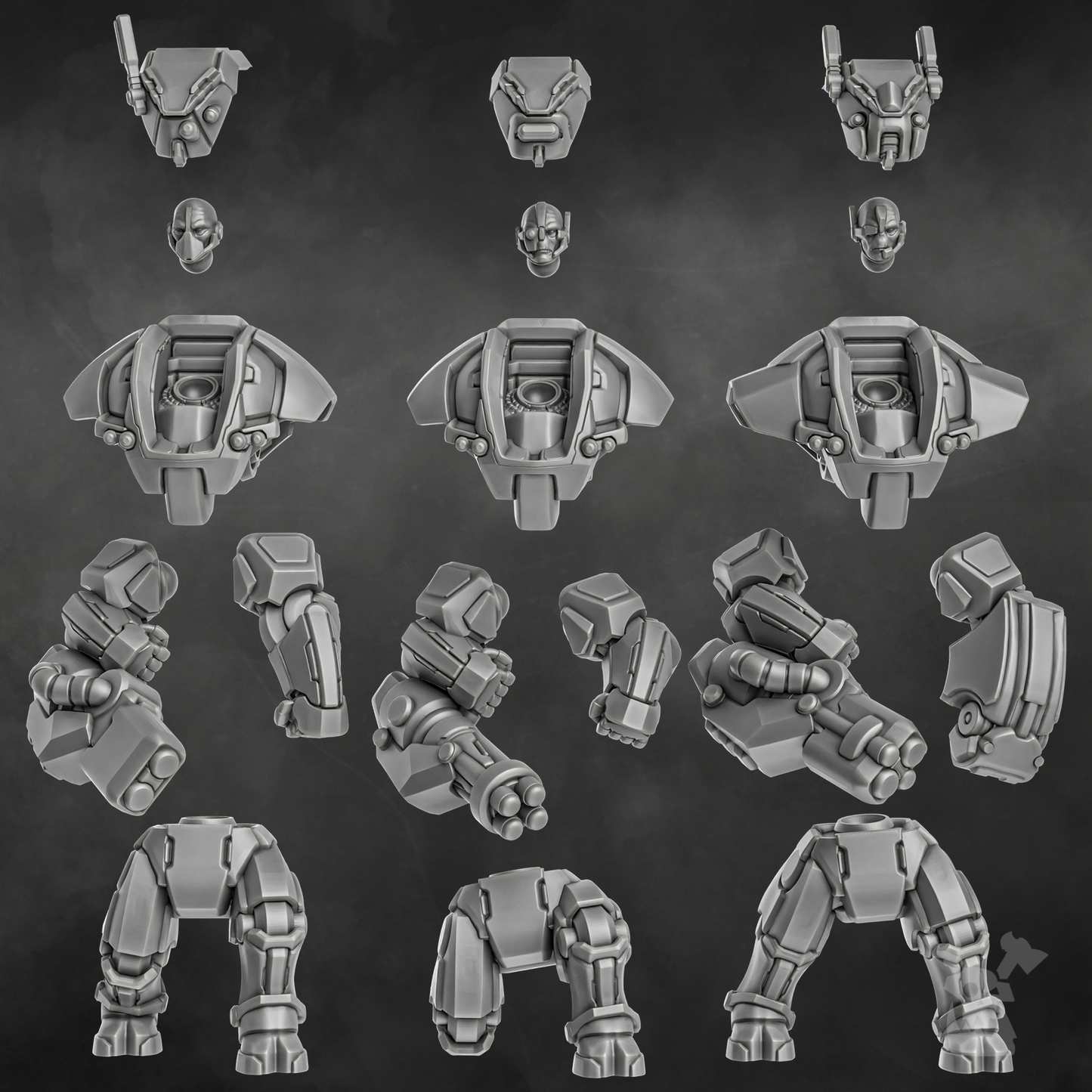 Sci-Fi Battlesuit Squad featuring six detailed combat suits with advanced armor and weapon systems.