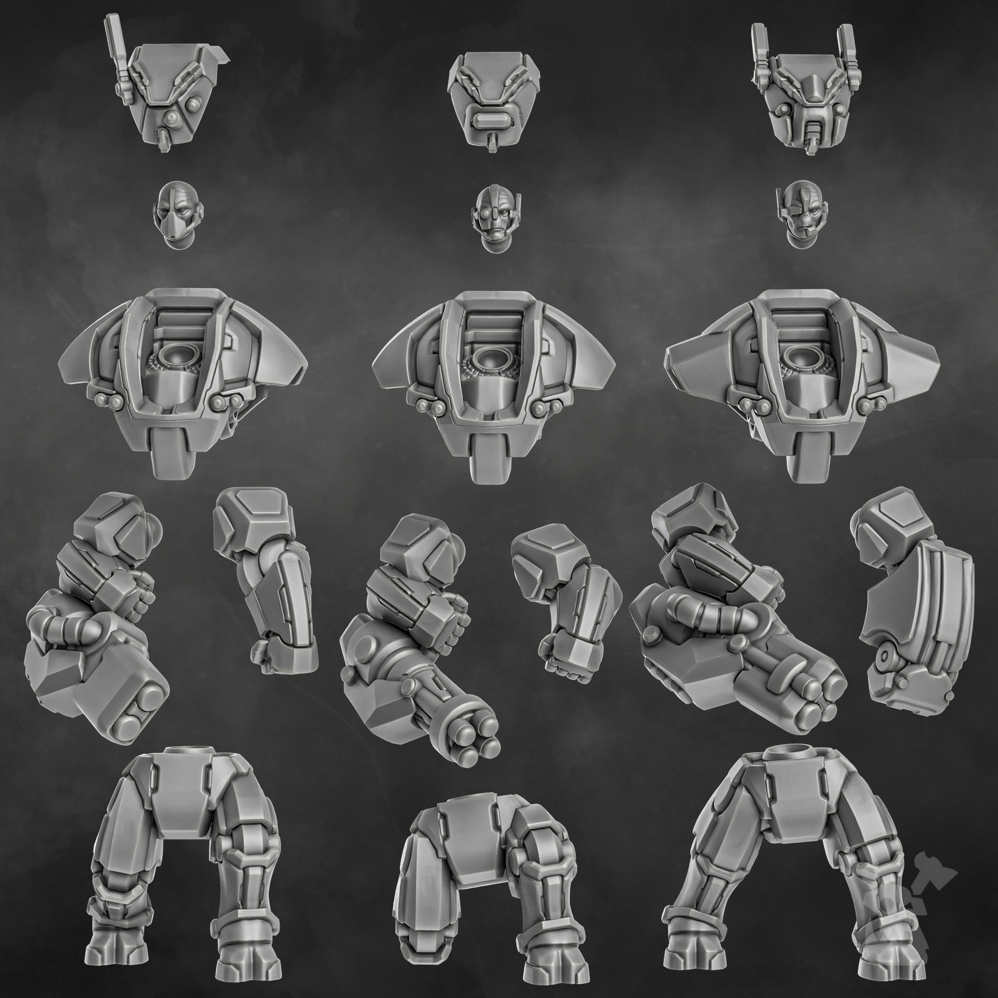 Sci-Fi Battlesuit Squad featuring six detailed combat suits with advanced armor and weapon systems.