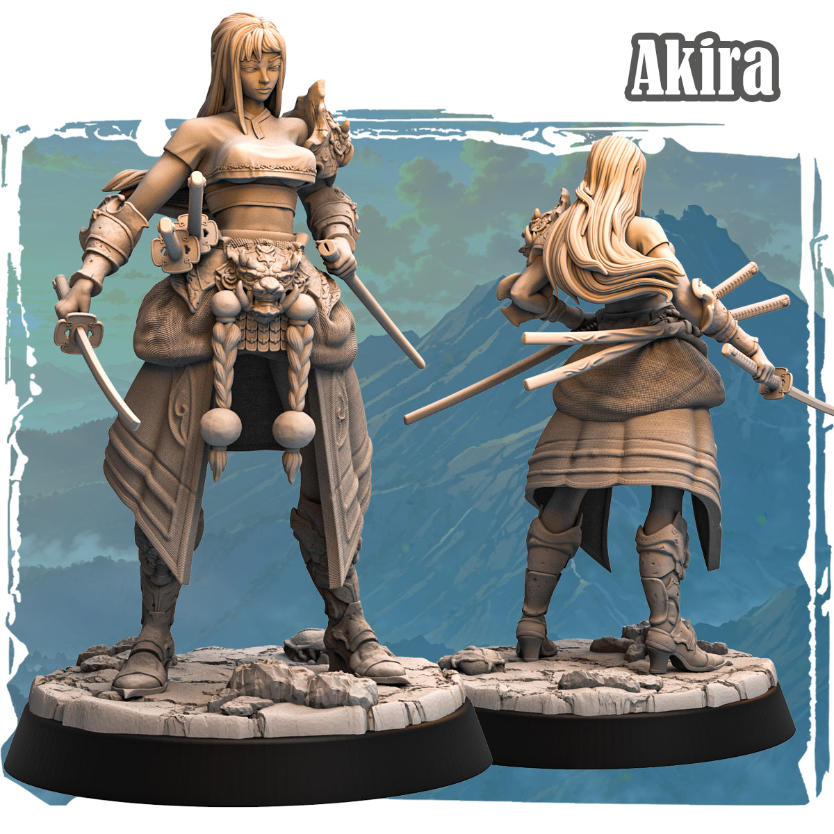 Forgotten Champions Akira Nightsteel samurai miniature front and rear views showing dual blades, oni belt plate, and flowing hair on scenic rubble base