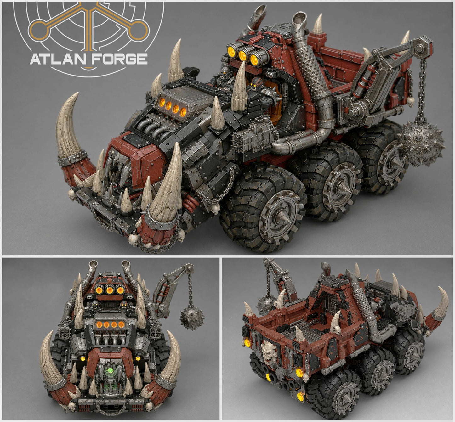 Grokk Tuskhauler painted resin miniature, three-quarter front view showing tusks, exhaust array, and wrecking ball crane