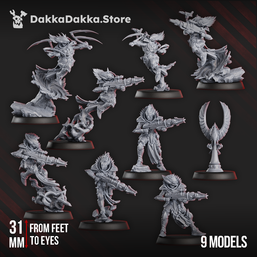 Nine gothic sci-fi space elf warriors in flowing robes and armour, some leaping from warp currents, armed with energy weapons and wrist blades.