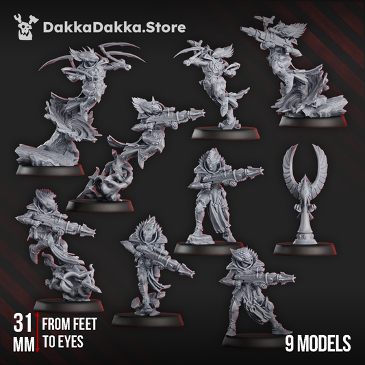 Nine gothic sci-fi space elf warriors in flowing robes and armour, some leaping from warp currents, armed with energy weapons and wrist blades.