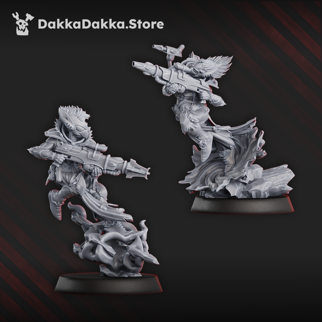 Nine gothic sci-fi space elf warriors in flowing robes and armour, some leaping from warp currents, armed with energy weapons and wrist blades.