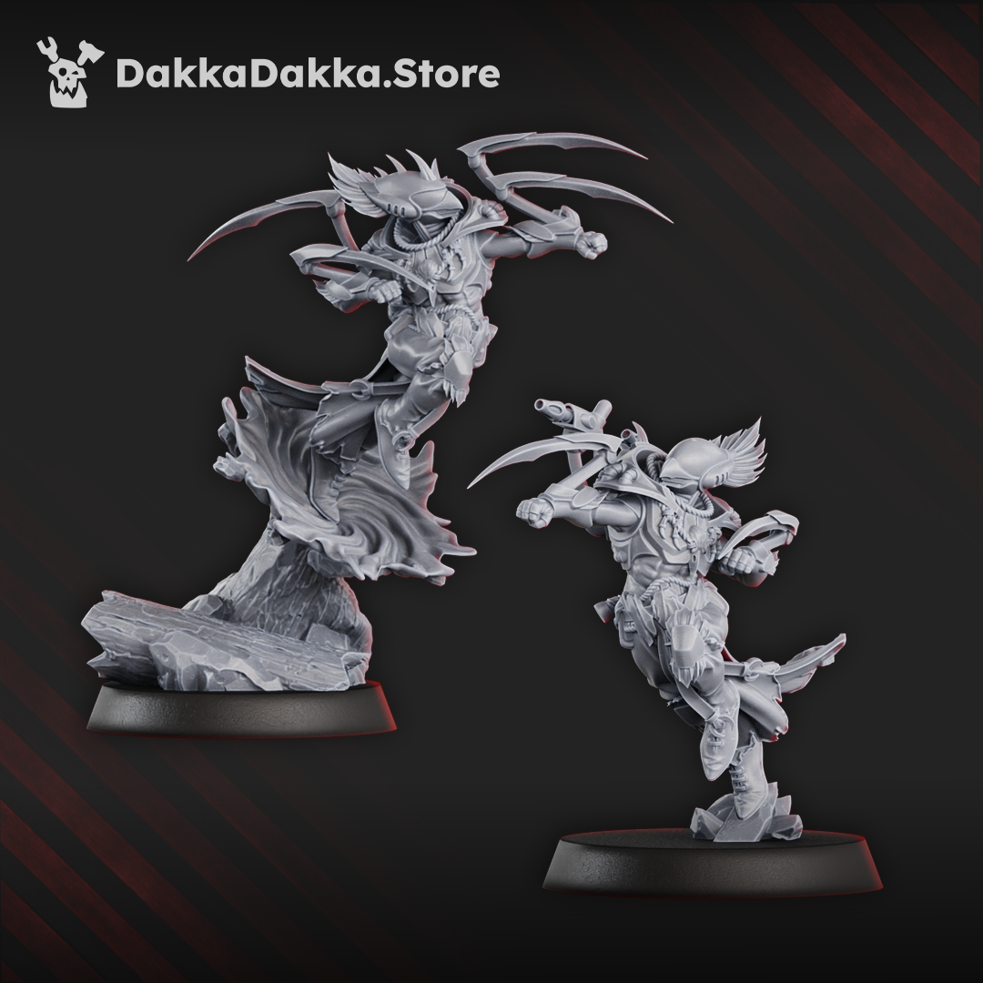 Nine gothic sci-fi space elf warriors in flowing robes and armour, some leaping from warp currents, armed with energy weapons and wrist blades.