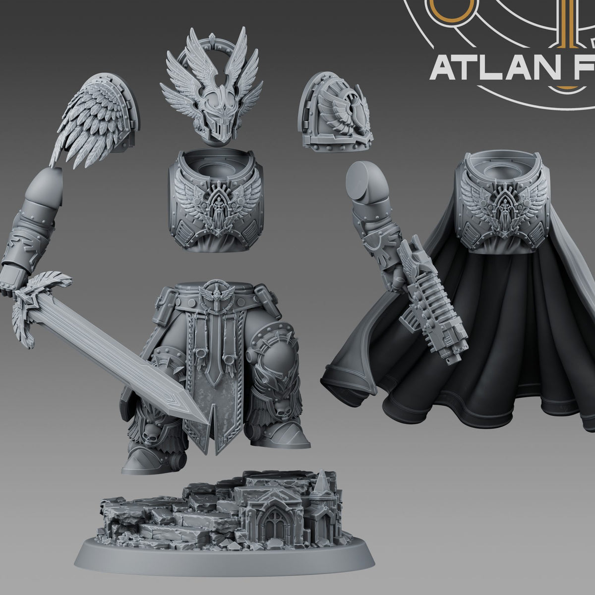Angelic High Commander resin miniature parts layout showing body, helm, pauldrons, weapons, cloak and base components