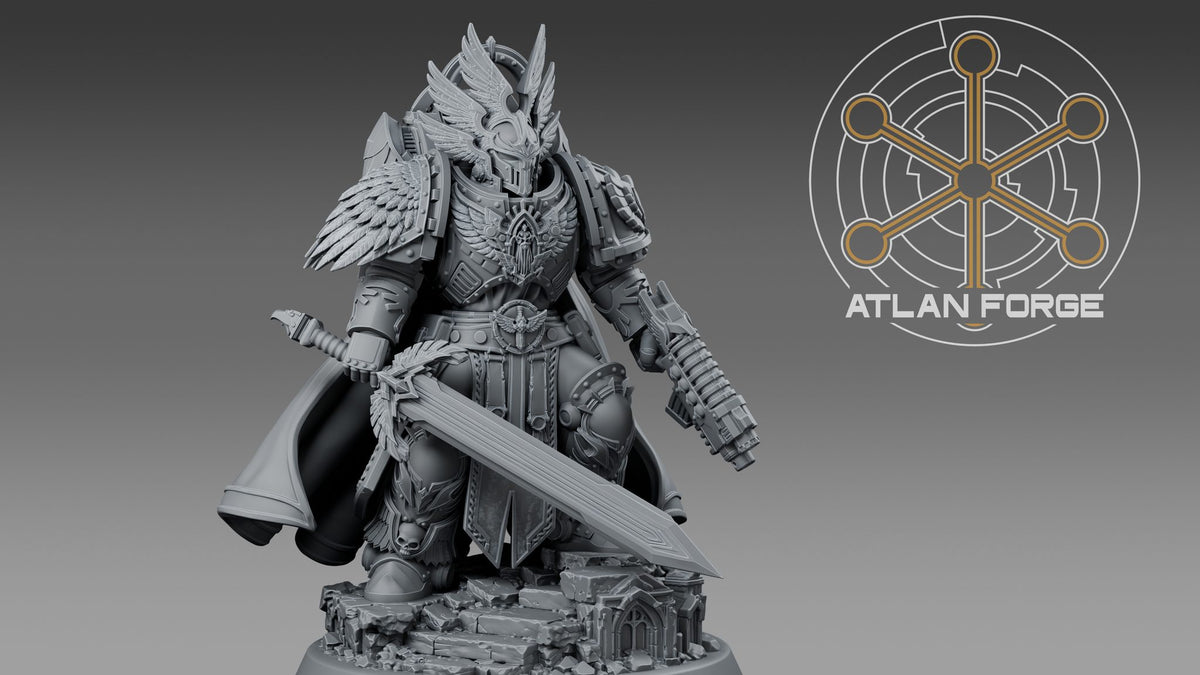Assembled Angelic High Commander front view showing winged helm, chest eagle, great blade and battle cloak