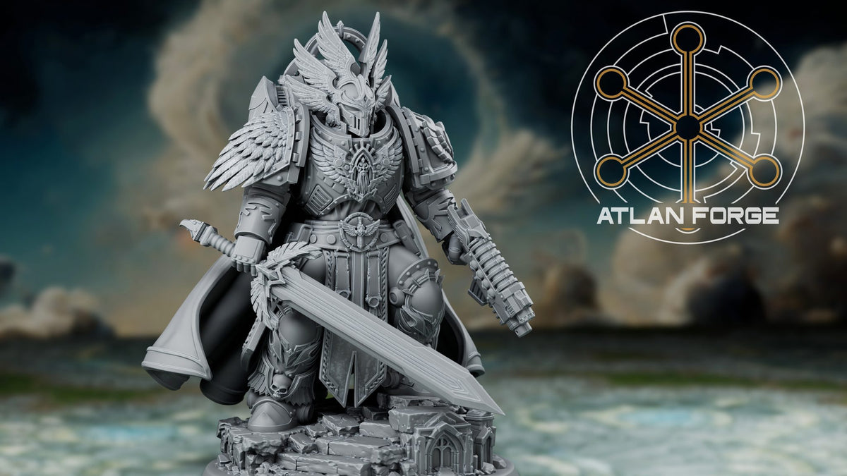 Angelic High Commander rendered against stormy sky backdrop highlighting feathered pauldrons and full silhouette