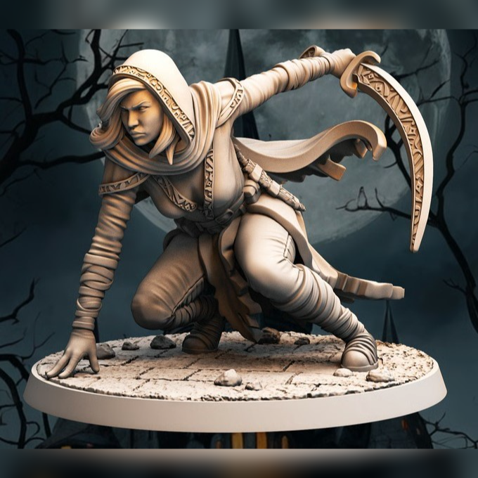 75mm fantasy pinup figurine of Ashenra in a dynamic crouched pose, ready to strike with her curved blade.