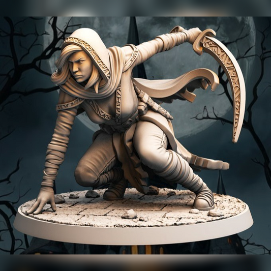 75mm fantasy pinup figurine of Ashenra in a dynamic crouched pose, ready to strike with her curved blade.