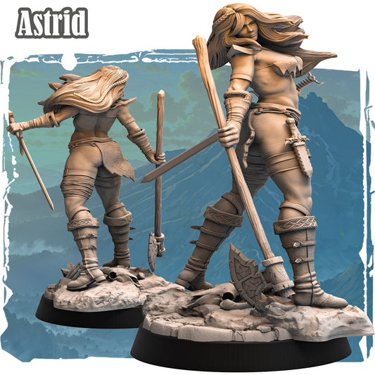 Forgotten Champions Astrid Stormcaller Human Barbarian 32mm resin miniature front and rear view showing war axe poleaxe and Celtic knotwork greaves