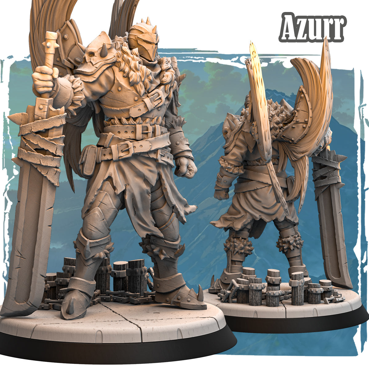 Forgotten Champions Azurr the Guardian Giant resin miniature front and rear view showing spiked armour greatsword and scenic rubble base sculpted by Haito