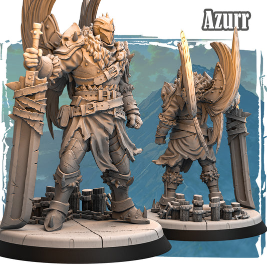 Forgotten Champions Azurr the Guardian Giant resin miniature front and rear view showing spiked armour greatsword and scenic rubble base sculpted by Haito