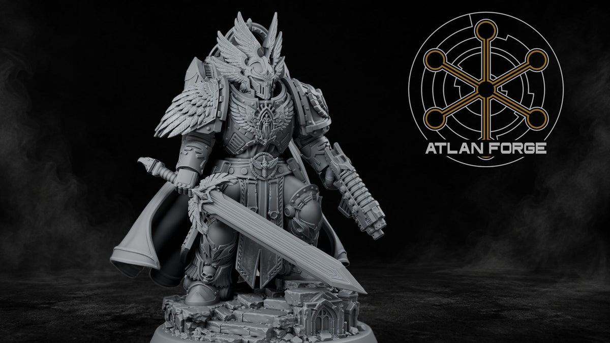 Angelic High Commander front view against dark smoke background emphasising armour relief and cloak drape