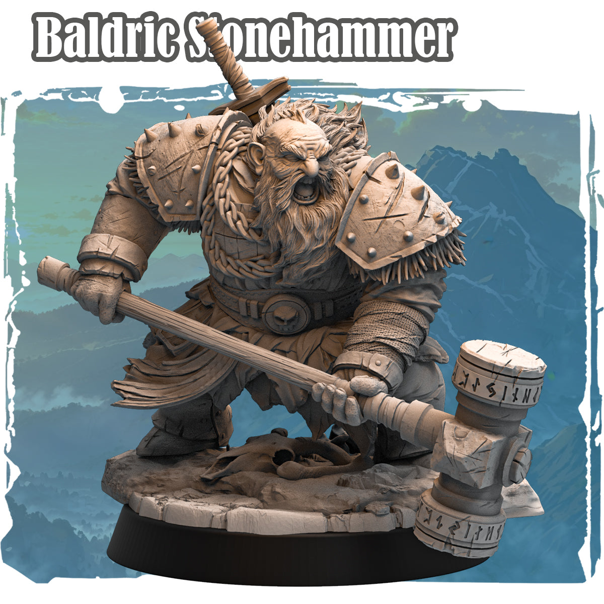 Forgotten Champions Baldric Stonehammer Dwarf Fighter resin miniature with runic warhammer and broadsword on scenic rocky base, front and rear views