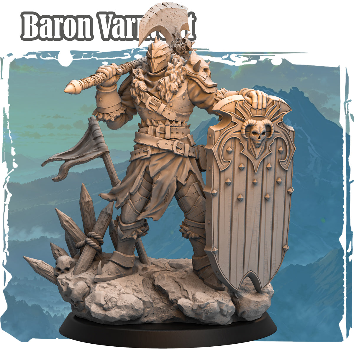 Forgotten Champions Baron Varmont Giant resin miniature with axe and skull shield on rocky base, sculpted by Haito