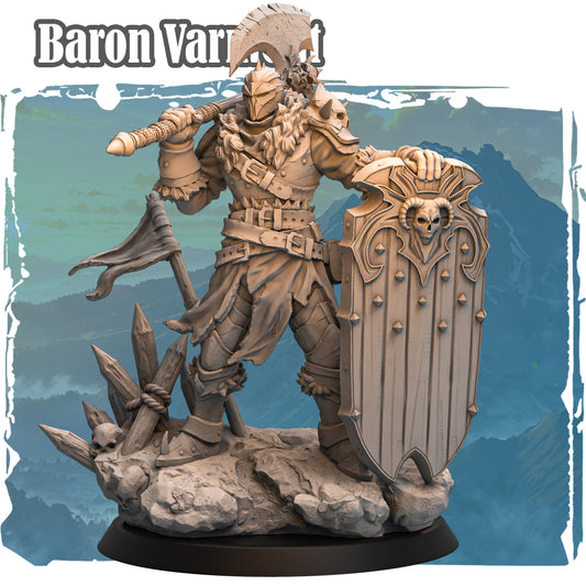 Forgotten Champions Baron Varmont Giant resin miniature with axe and skull shield on rocky base, sculpted by Haito