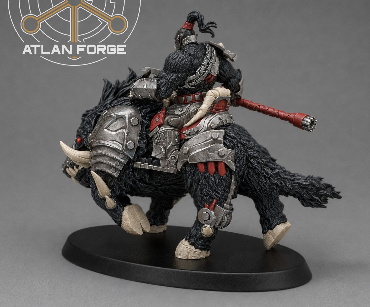 Grokk Warboar Riders 32mm resin miniature, rear three-quarter view showing rider with red-wrapped spear on black warboar
