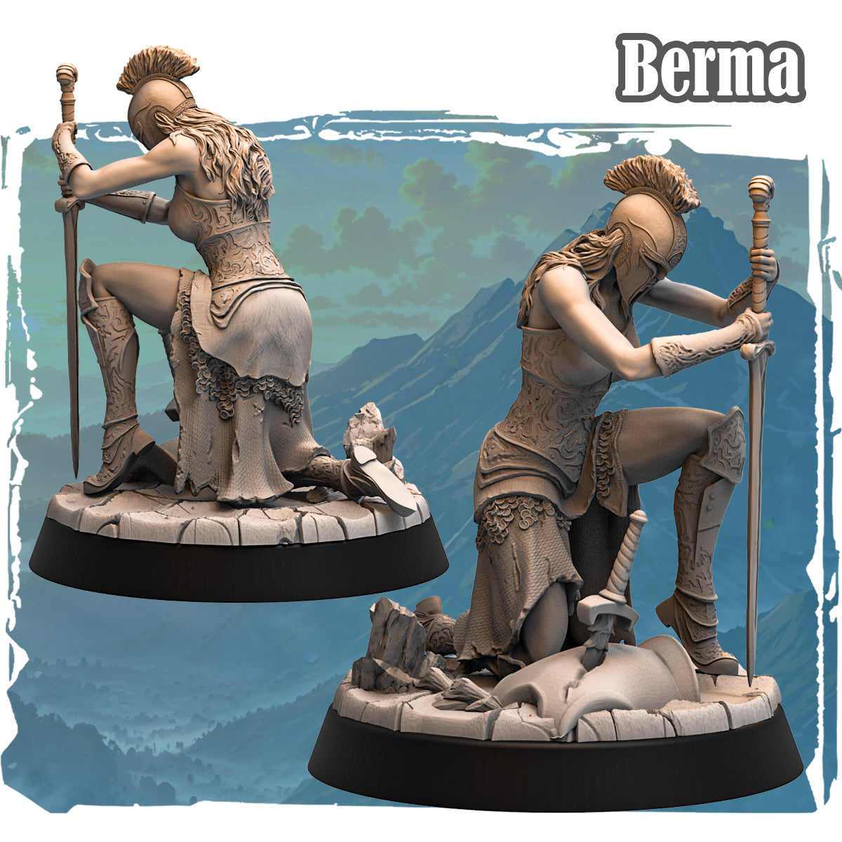 Forgotten Champions Berma Human Mercenary 75mm resin miniature kneeling warrior with longsword ornate scale armour crested helmet sculpted by Haito