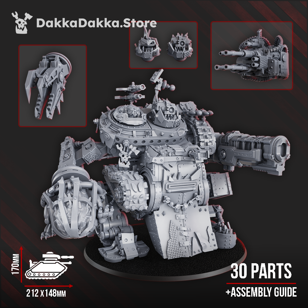  Greenskin war machine with heavy cannons, power claw, and armoured plating, standing 170mm tall with interchangeable weapon options and rotating turret sections.