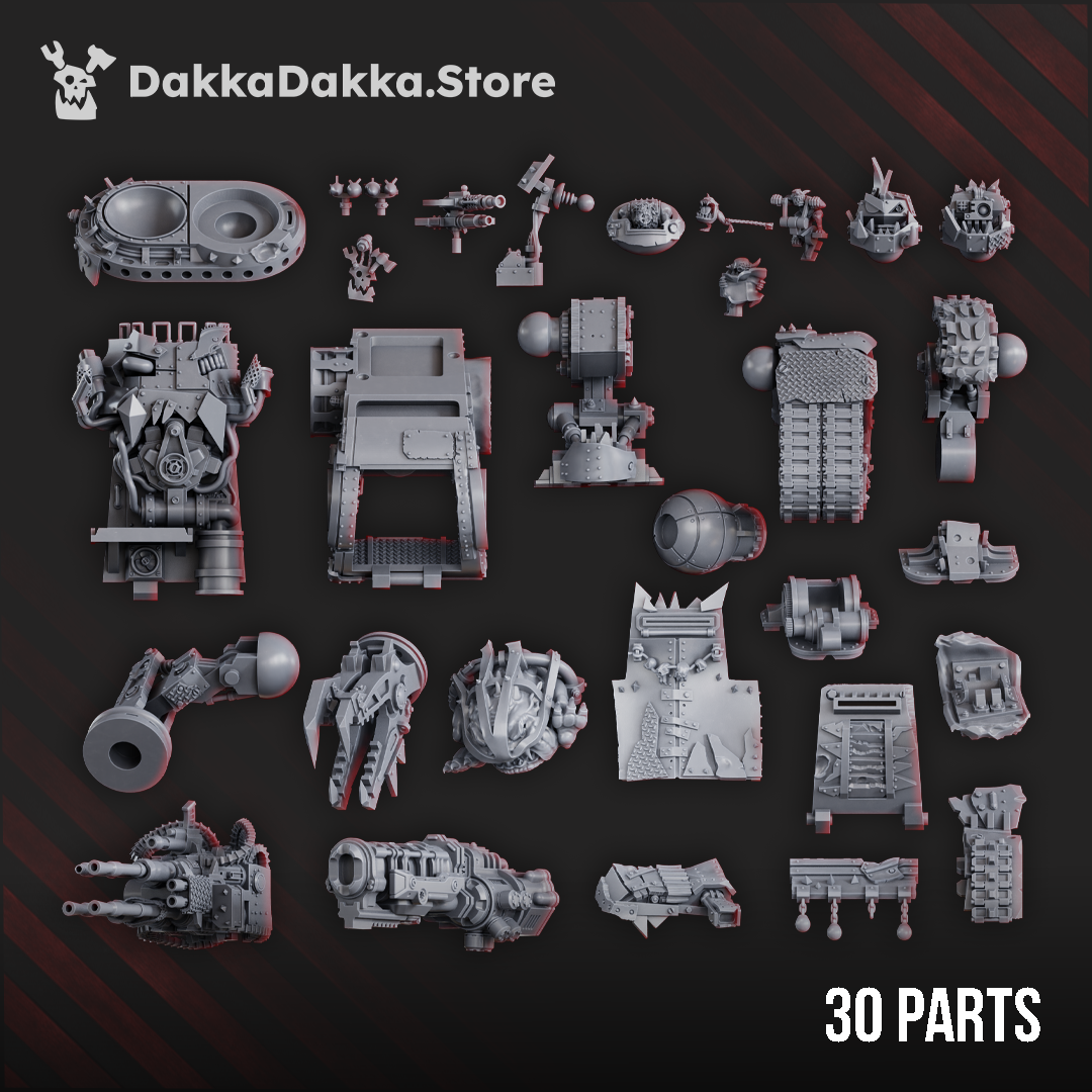  Greenskin war machine with heavy cannons, power claw, and armoured plating, standing 170mm tall with interchangeable weapon options and rotating turret sections.