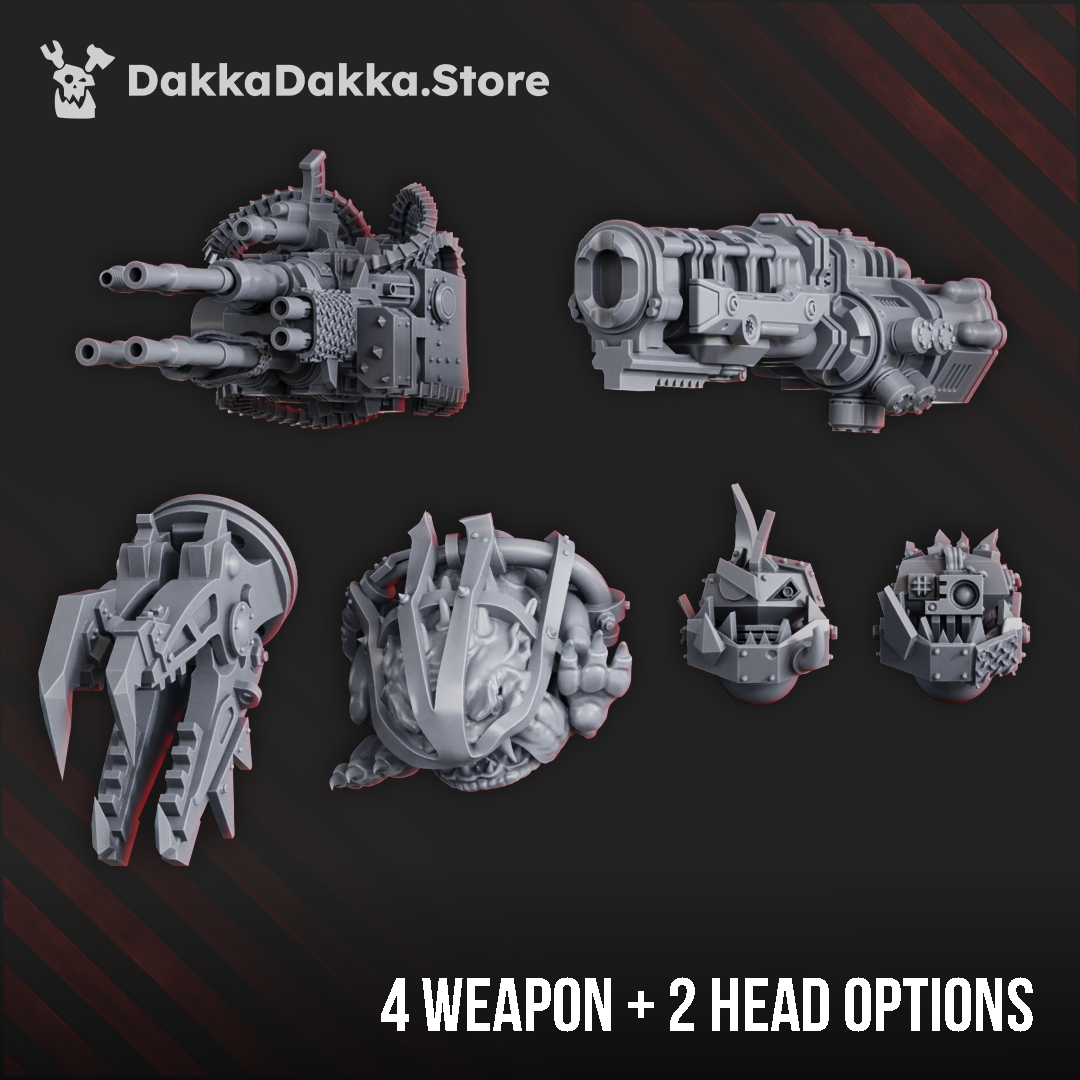  Greenskin war machine with heavy cannons, power claw, and armoured plating, standing 170mm tall with interchangeable weapon options and rotating turret sections.