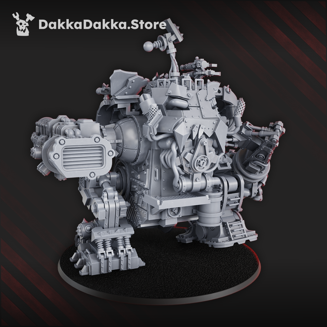  Greenskin war machine with heavy cannons, power claw, and armoured plating, standing 170mm tall with interchangeable weapon options and rotating turret sections.