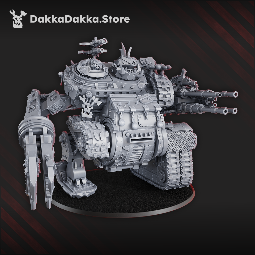  Greenskin war machine with heavy cannons, power claw, and armoured plating, standing 170mm tall with interchangeable weapon options and rotating turret sections.