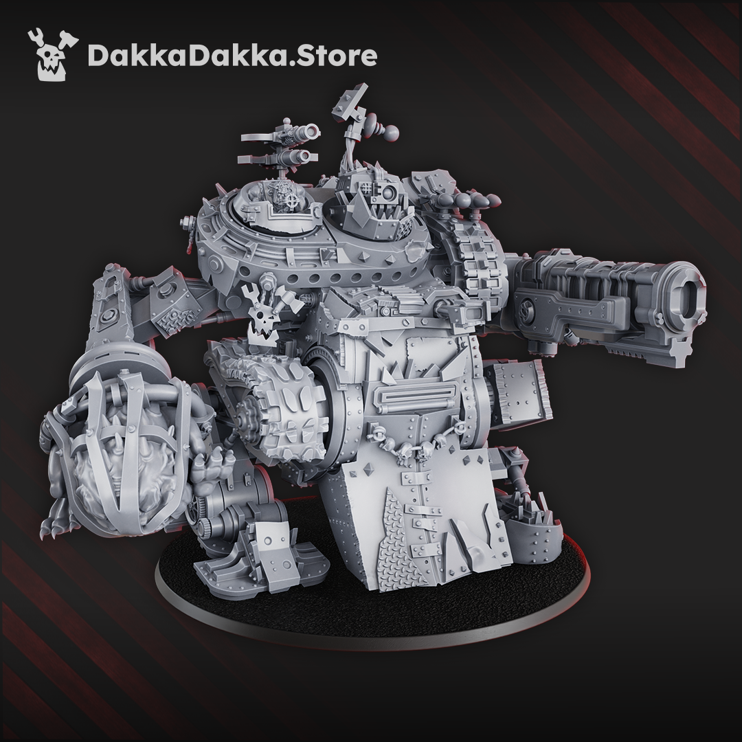  Greenskin war machine with heavy cannons, power claw, and armoured plating, standing 170mm tall with interchangeable weapon options and rotating turret sections.