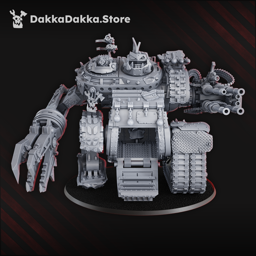  Greenskin war machine with heavy cannons, power claw, and armoured plating, standing 170mm tall with interchangeable weapon options and rotating turret sections.