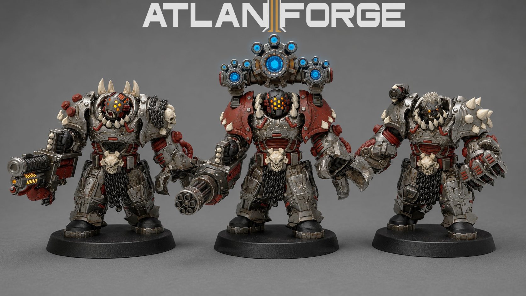 Grokk Warborn Bonebreakers painted squad of three heavy ork warriors with red and grey armour on 40mm round bases