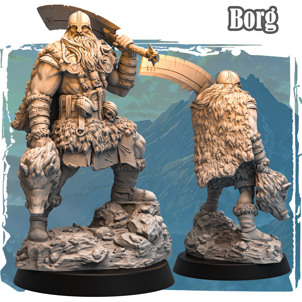 Forgotten Champions Borg Huntmaster Human Barbarian resin miniature with large axe and fur cloak, front and rear view, sculpted by Haito