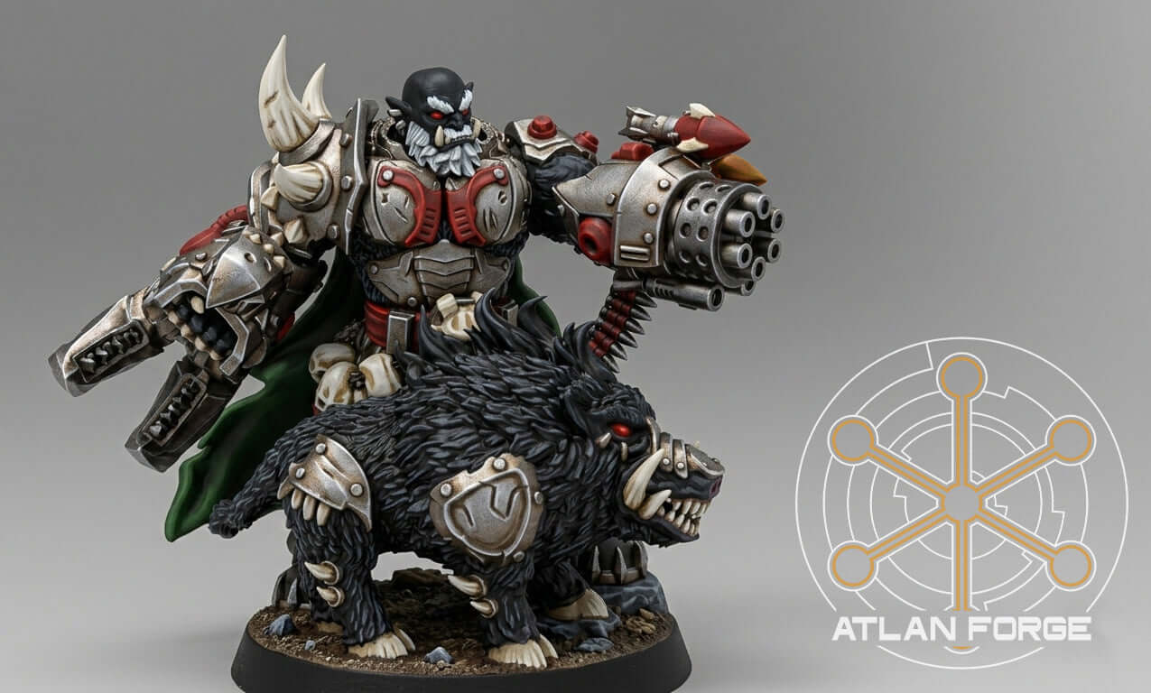 Grokk Brutelord ork warlord with minigun arm and boar companion