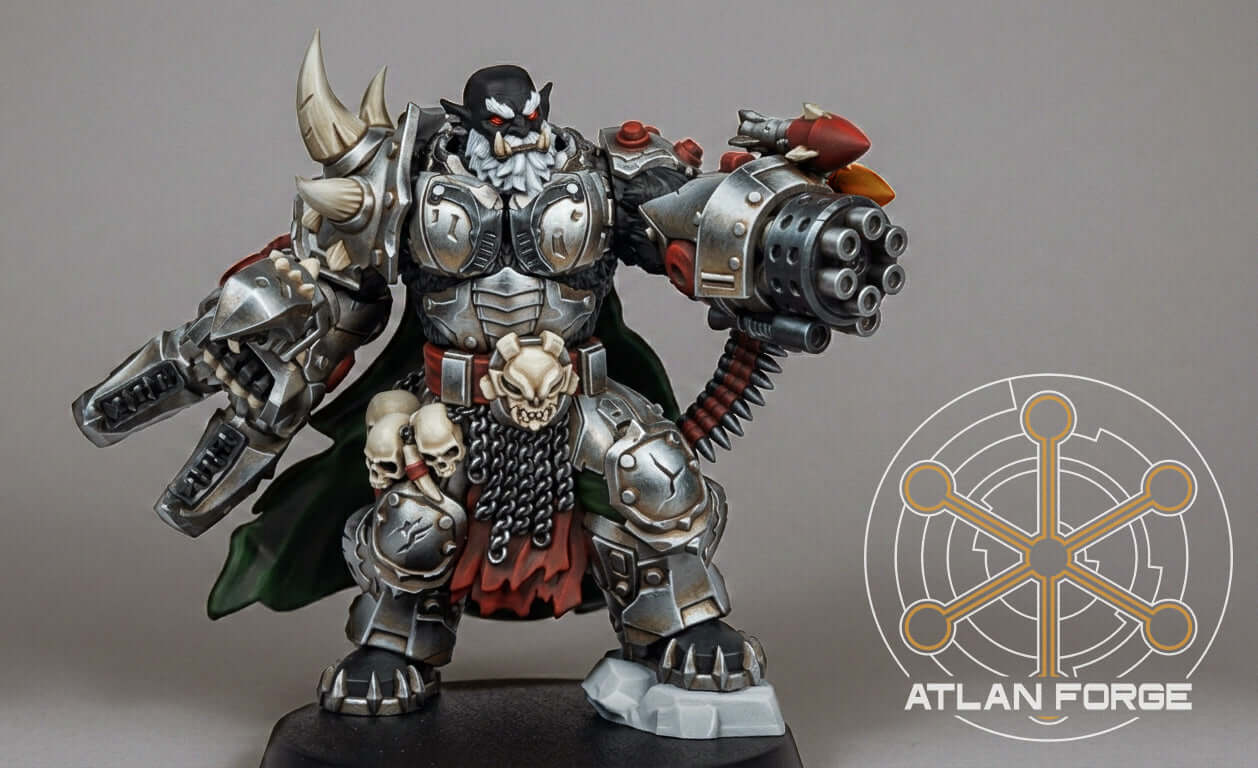Grokk Brutelord ork warlord with minigun arm and boar companion