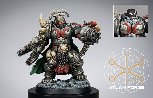 Grokk Brutelord ork warlord with minigun arm and boar companion