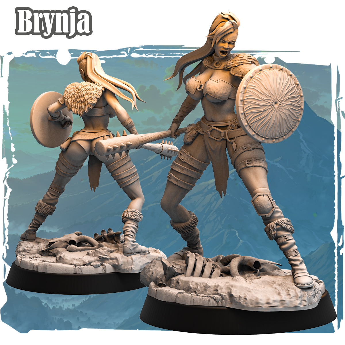 Forgotten Champions Brynja Skullbreaker Human Barbarian resin miniature front and rear view showing bone club, round shield, fur armour and scenic skull base sculpted by Haito