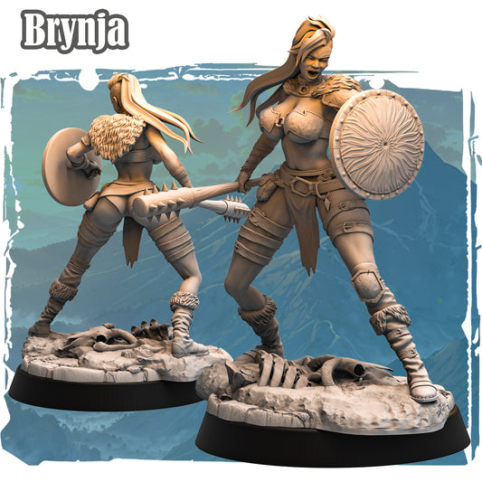 Brynja Skullbreaker human barbarian resin miniature front and rear view with spiked club and round shield
