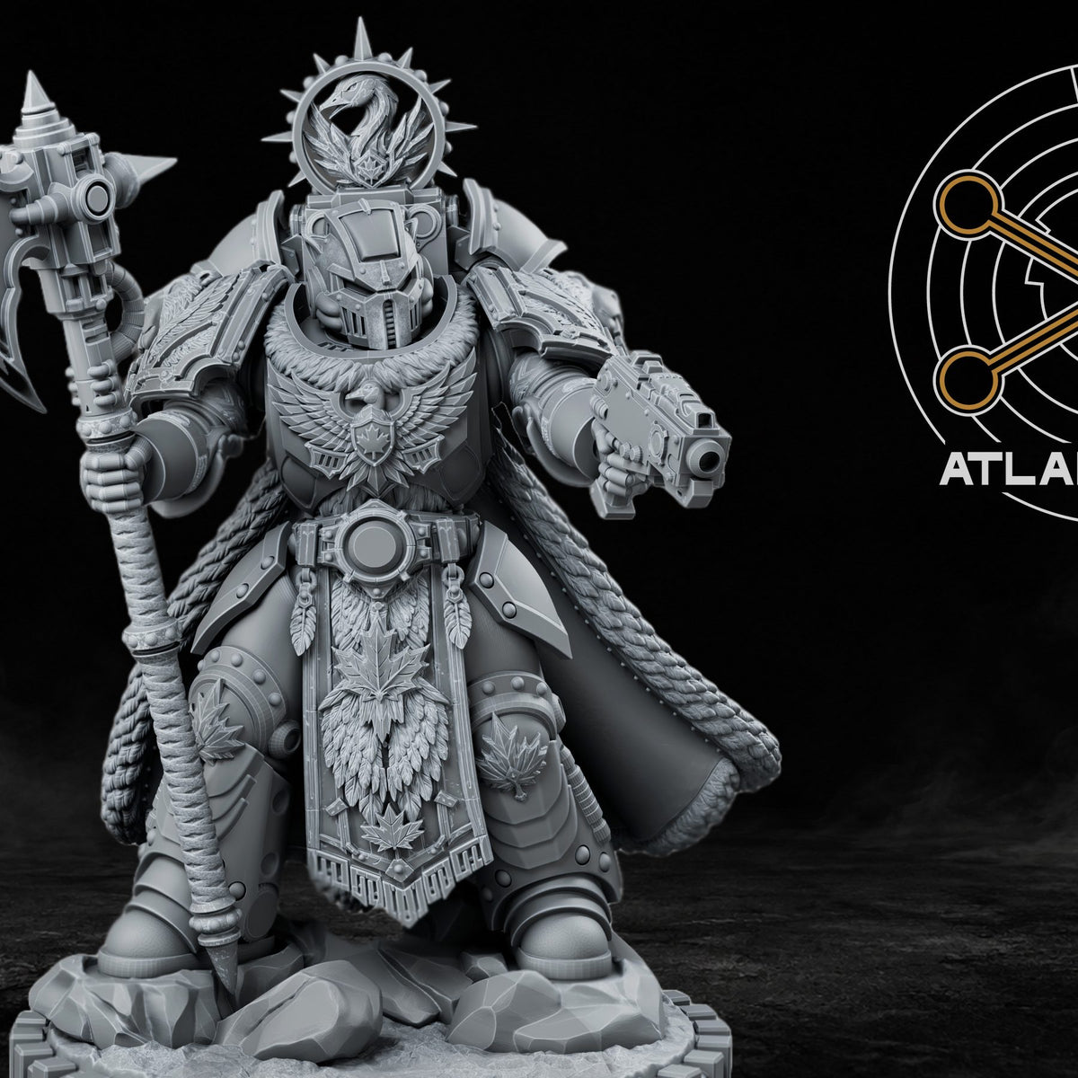 Canadian Space Knight 32mm resin miniature front view, showing power axe, phoenix halo helm, feathered tabard and braided cape