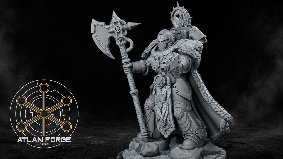 Side profile view showing the power axe raised, ornate chest eagle, maple leaf tabard detail and rocky scenic base