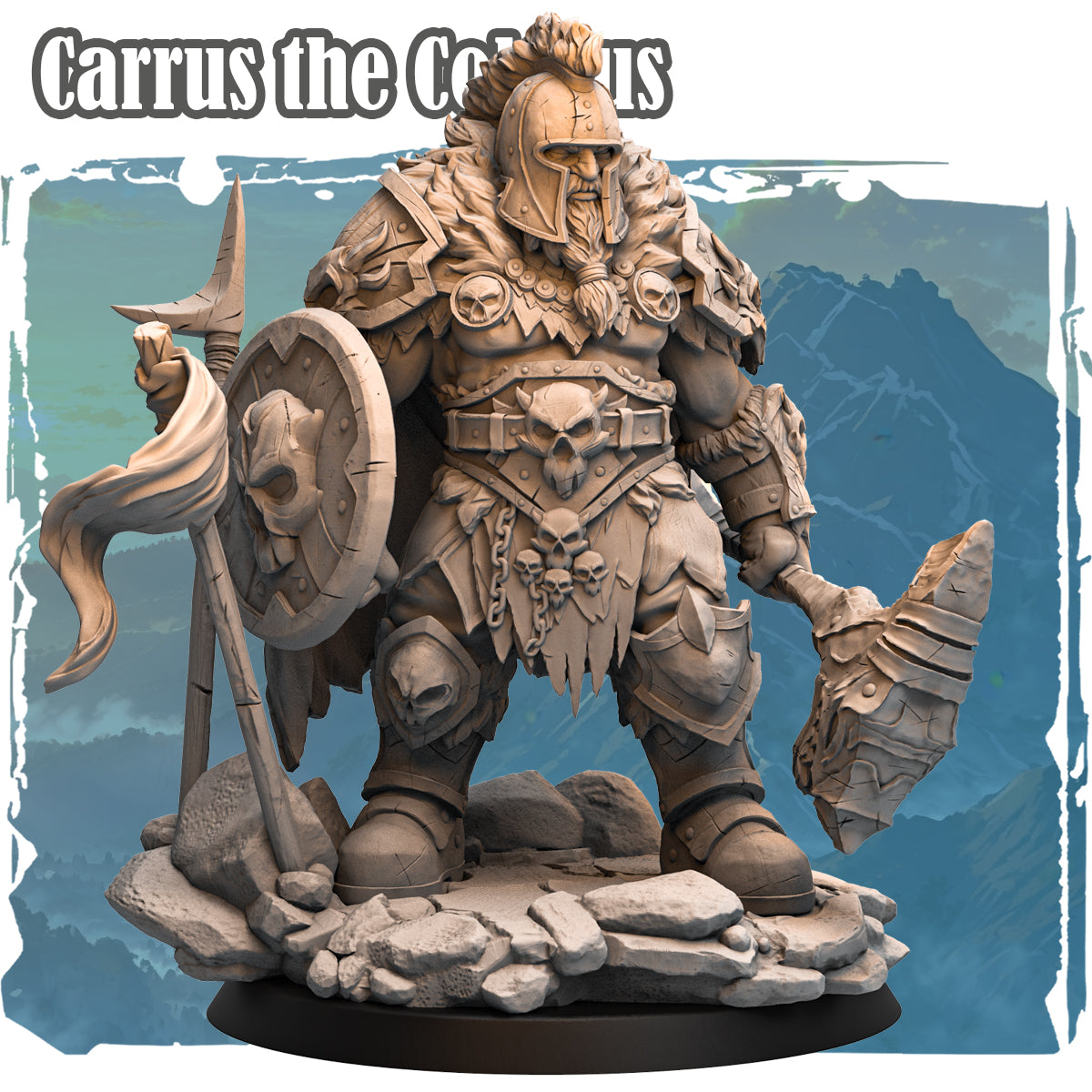 Forgotten Champions Carrus the Colosus giant warlord resin miniature front and rear view showing skull armour axe spear and war cloak
