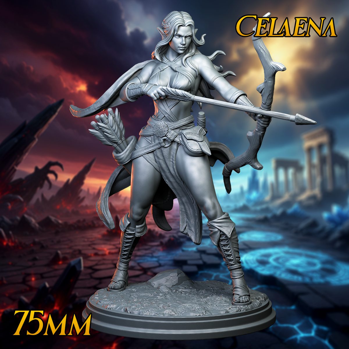 Celaena 75mm resin elven ranger miniature, front view, holding a drawn bow with quiver and detailed leather armour