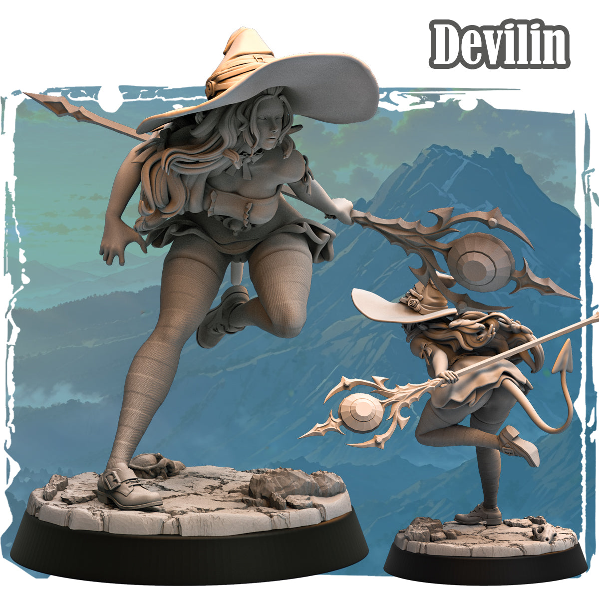 Forgotten Champions Devilin Human Witch resin miniature by Haito, dynamic mid-stride pose holding a spiked orb staff, wearing a wide-brim hat, unpainted 35mm scale
