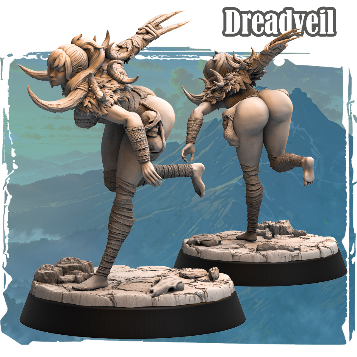 Forgotten Champions Dreadveil Human Barbarian resin miniature sculpted by Haito, dynamic kick pose with horned pauldrons and bone-wrapped limbs on rocky scenic base
