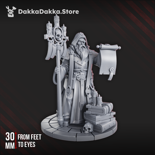 Steel Union cleric miniature holding a scroll and staff topped with candles and a skull, standing on a circular base with books and relics at his feet.