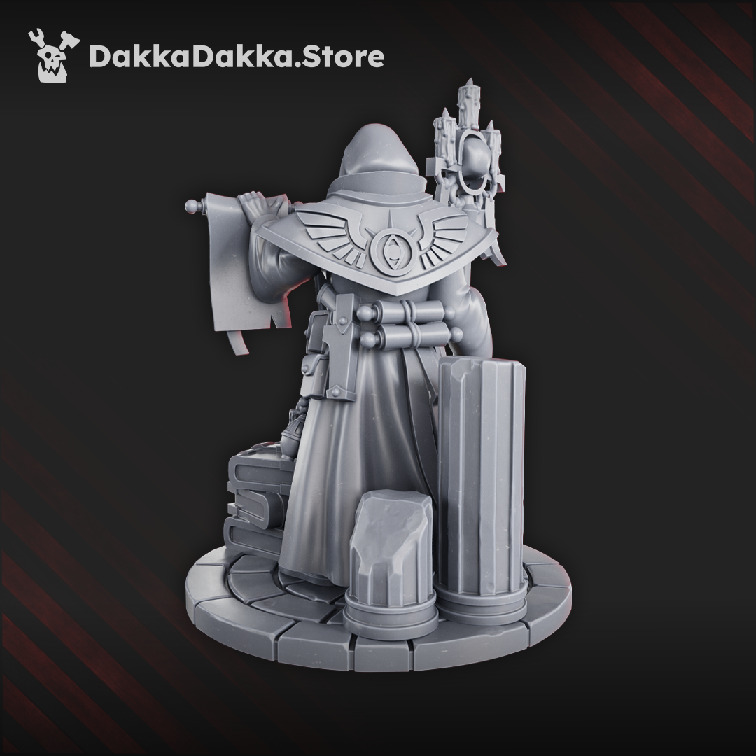 Steel Union cleric miniature holding a scroll and staff topped with candles and a skull, standing on a circular base with books and relics at his feet.