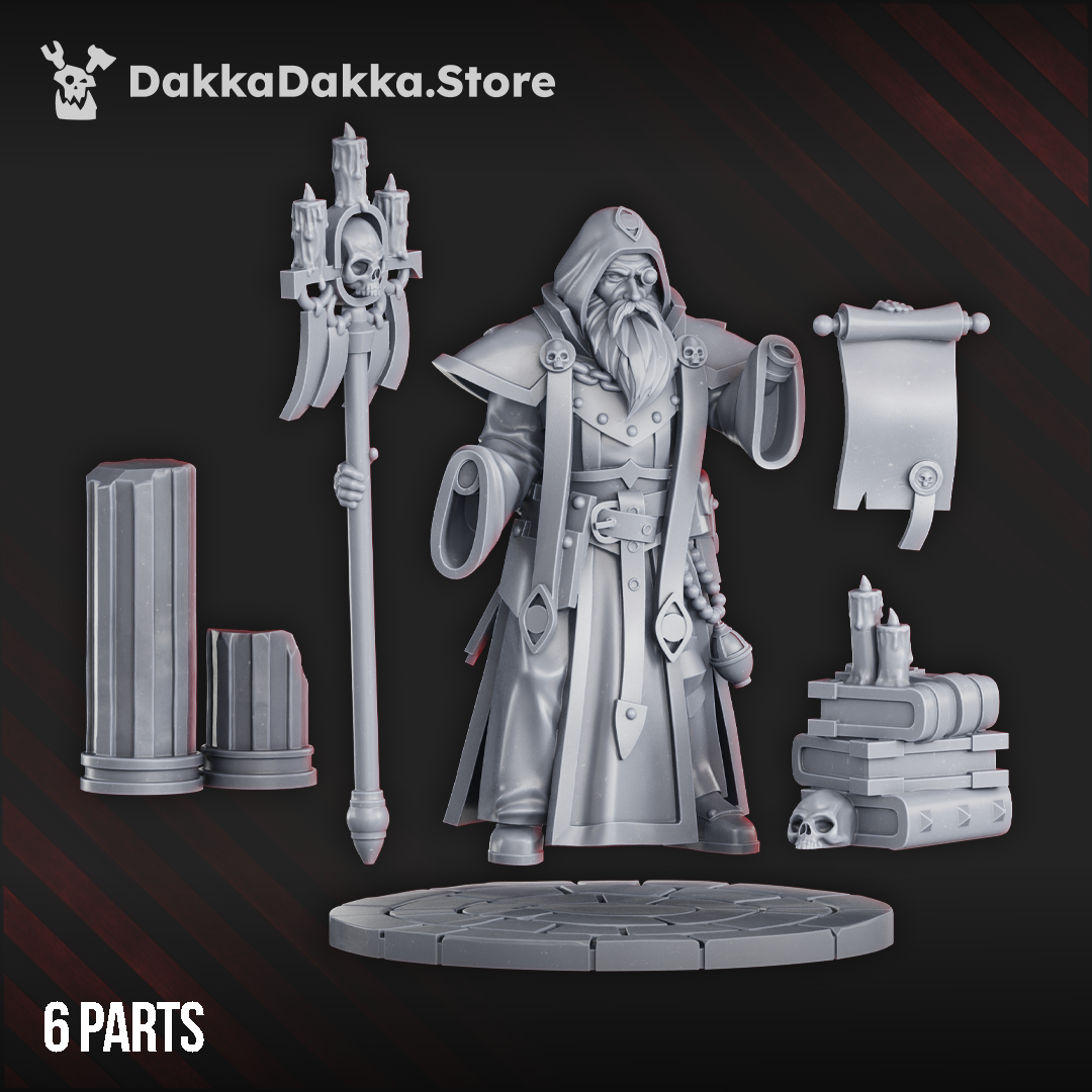 Steel Union cleric miniature holding a scroll and staff topped with candles and a skull, standing on a circular base with books and relics at his feet.