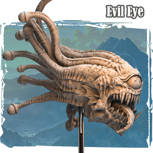 Evil Eye monster resin miniature with eyestalk tentacles and open fanged maw on flight stand
