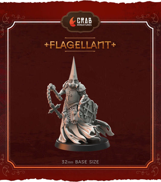 Flagellant miniature by Crab Miniatures, designed for grimdark wargames, shown on a 32mm base in durable grey resin.