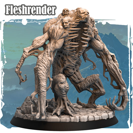 Fleshrender monster resin miniature with fused faces and exposed ribs, rear view showing honeycombed hide