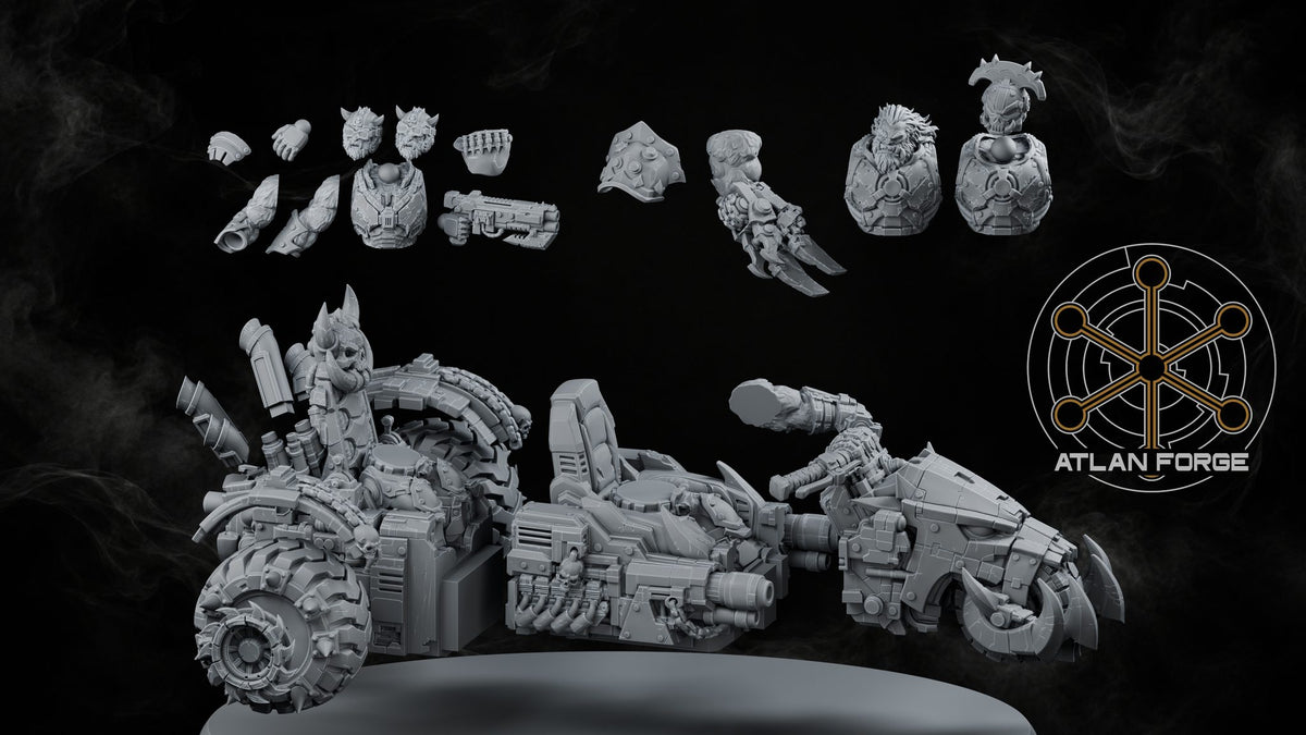 Unpainted grey resin parts layout showing all interchangeable rider bodies, heads, weapons, and full assembled bike chassis.